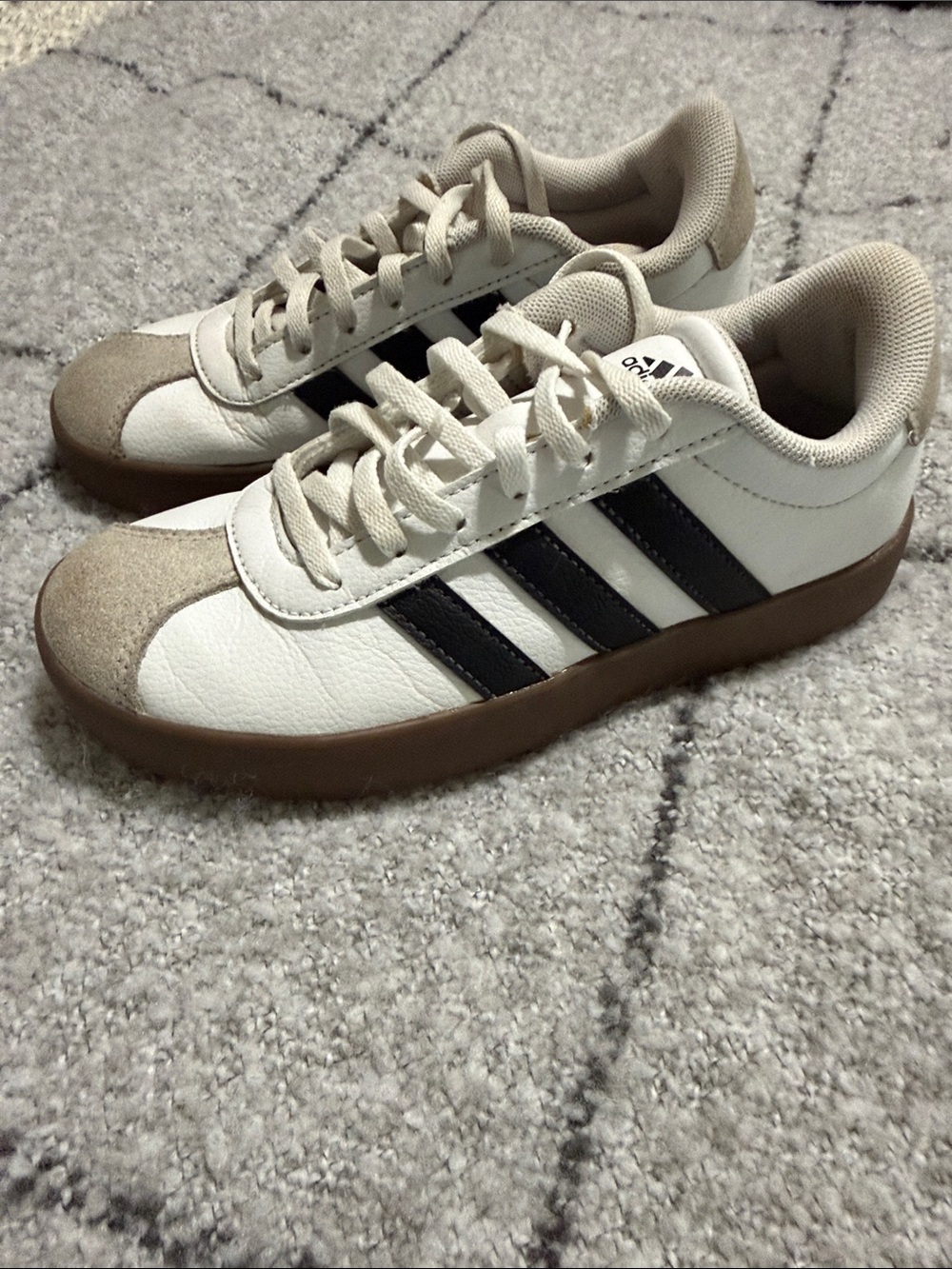 adidas Kids White Sneakers with Black Stripes and Brown Sole